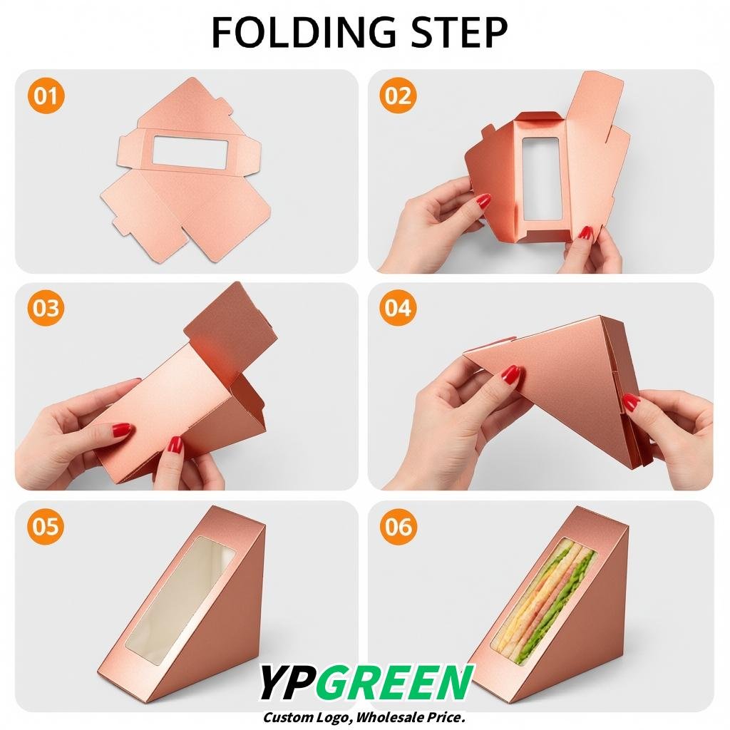 Rose Gold Triangle Paper Sandwich Boxes with Window 4.7x4.7x2.6 Inch - Factory Direct