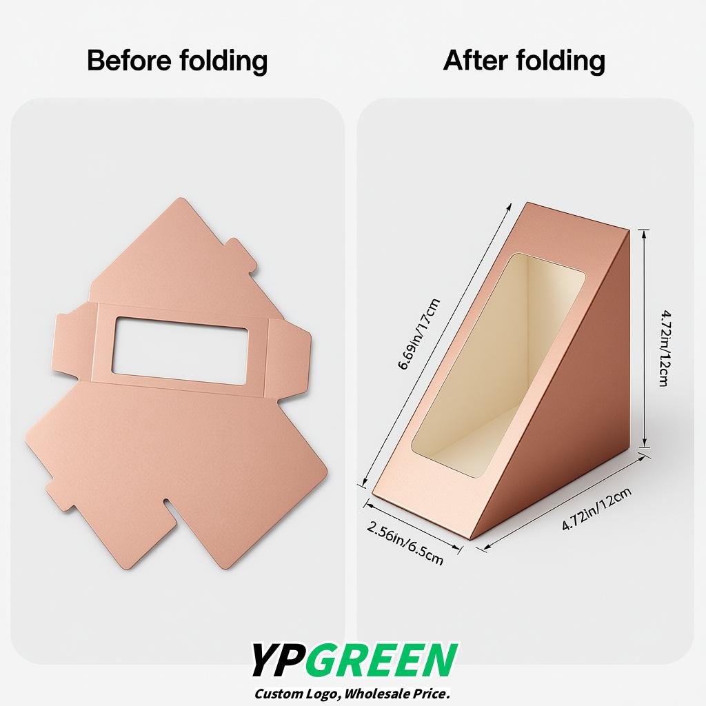 Rose Gold Triangle Paper Sandwich Boxes with Window 4.7x4.7x2.6 Inch - Factory Direct