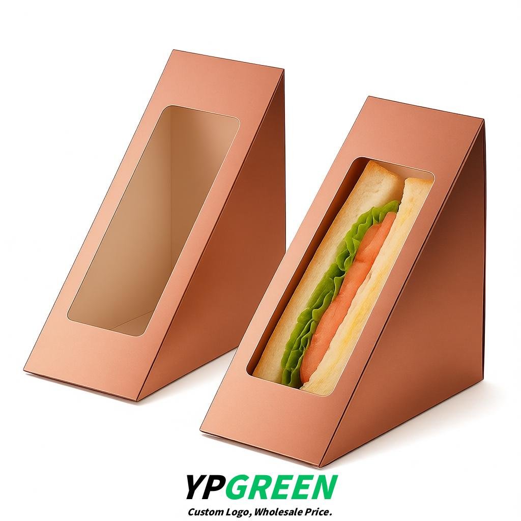Rose Gold Triangle Paper Sandwich Boxes with Window 4.7x4.7x2.6 Inch - Factory Direct