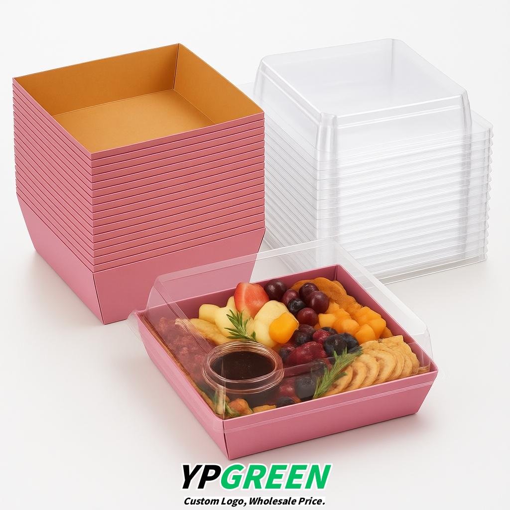 Rose Pink Charcuterie Boxes with Clear Lids - 4 inches & 5 inches Disposable Paper Square Food Containers