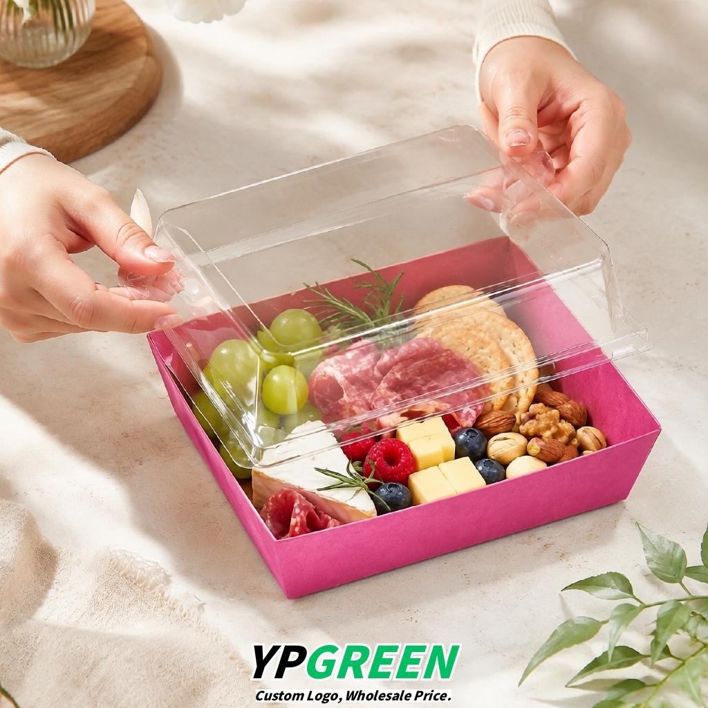 Rose Pink Charcuterie Boxes with Clear Lids - 4 inches & 5 inches Disposable Paper Square Food Containers