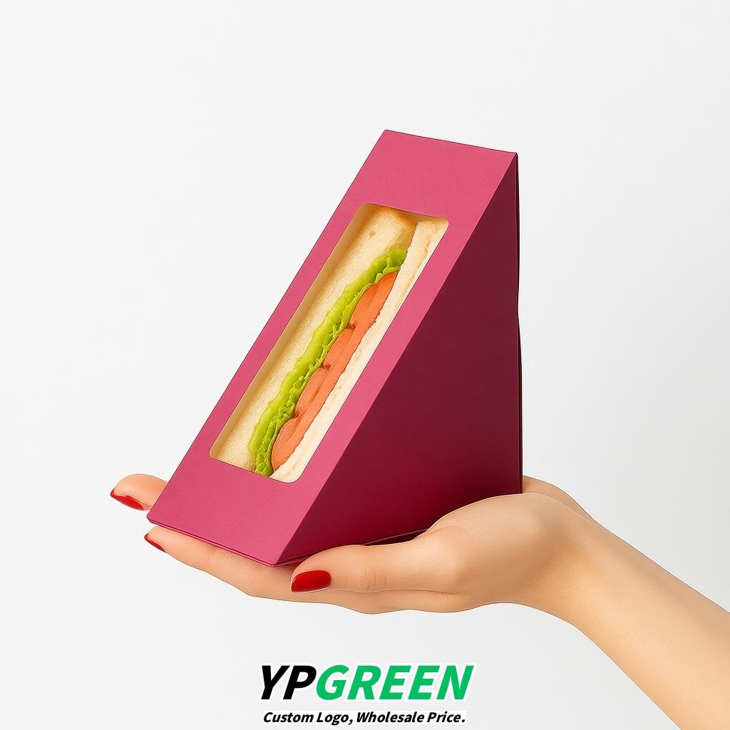 Rose Pink Triangle Paper Sandwich Boxes with Window 4.7x4.7x2.6 Inch - Factory Direct