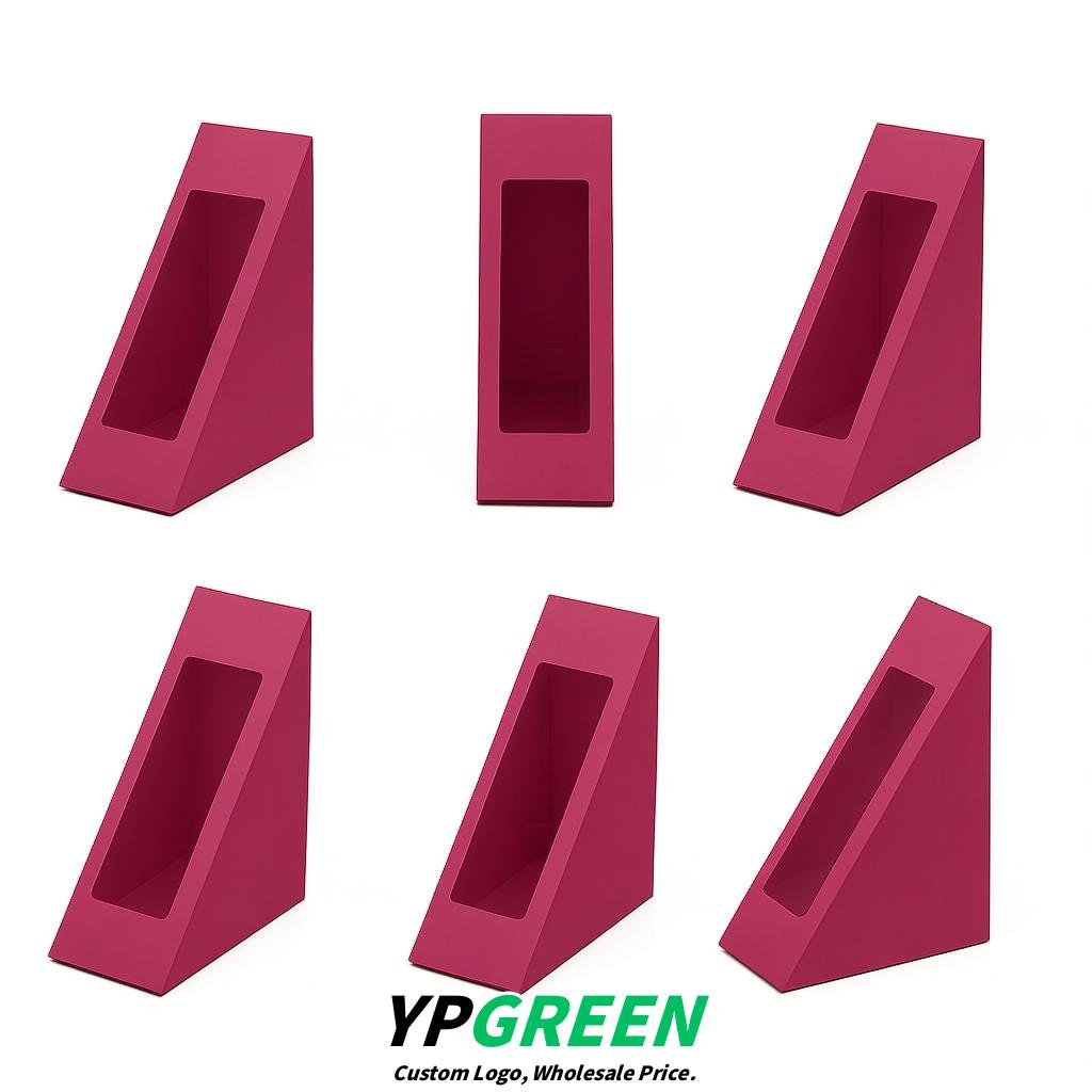 Rose Pink Triangle Paper Sandwich Boxes with Window 4.7x4.7x2.6 Inch - Factory Direct