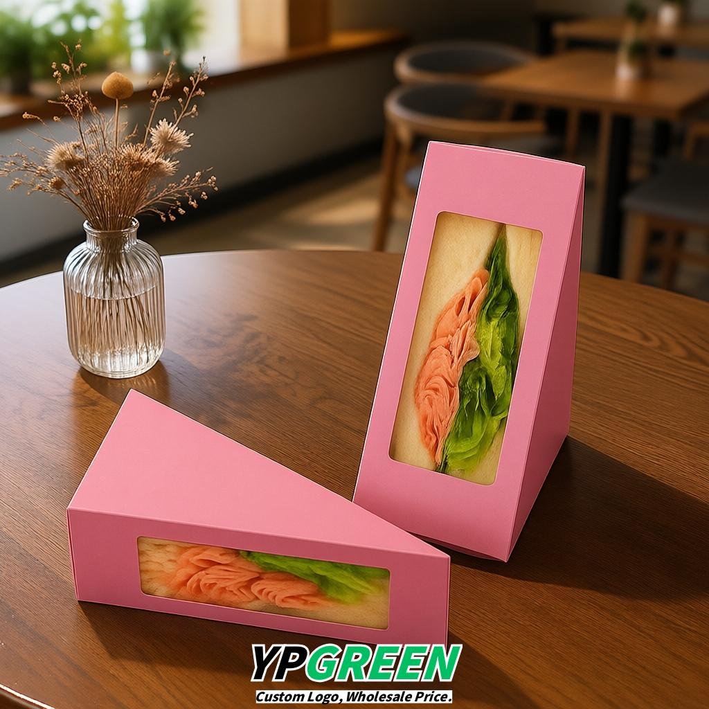 Rose Pink Triangle Paper Sandwich Boxes with Window 4.7x4.7x2.6 Inch - Factory Direct