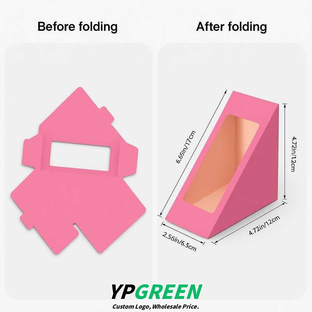 Rose Pink Triangle Paper Sandwich Boxes with Window 4.7x4.7x2.6 Inch - Factory Direct