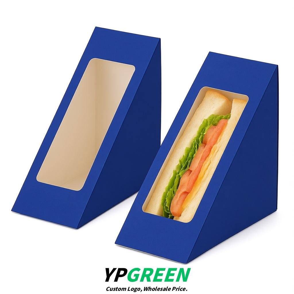 Royal Blue Triangle Paper Sandwich Boxes with Window 4.7x4.7x2.6 Inch - Factory Direct