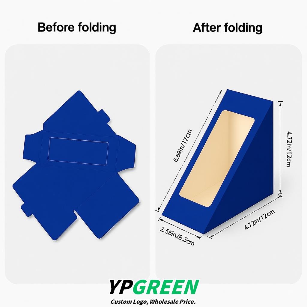 Royal Blue Triangle Paper Sandwich Boxes with Window 4.7x4.7x2.6 Inch - Factory Direct
