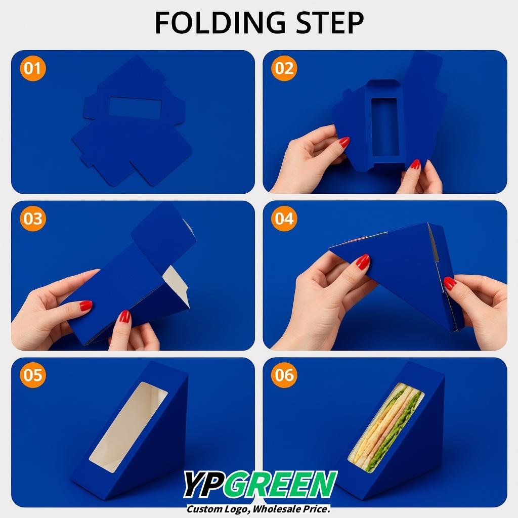 Royal Blue Triangle Paper Sandwich Boxes with Window 4.7x4.7x2.6 Inch - Factory Direct