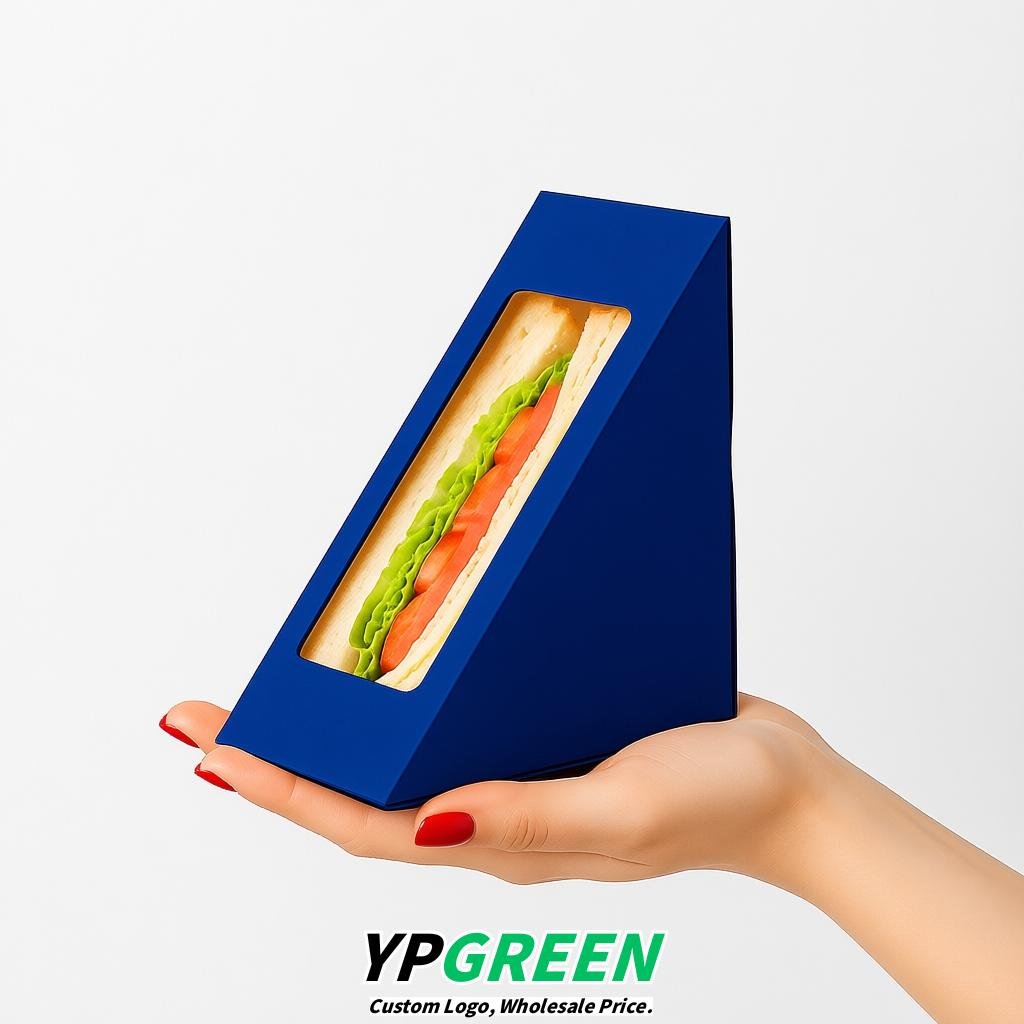 Royal Blue Triangle Paper Sandwich Boxes with Window 4.7x4.7x2.6 Inch - Factory Direct