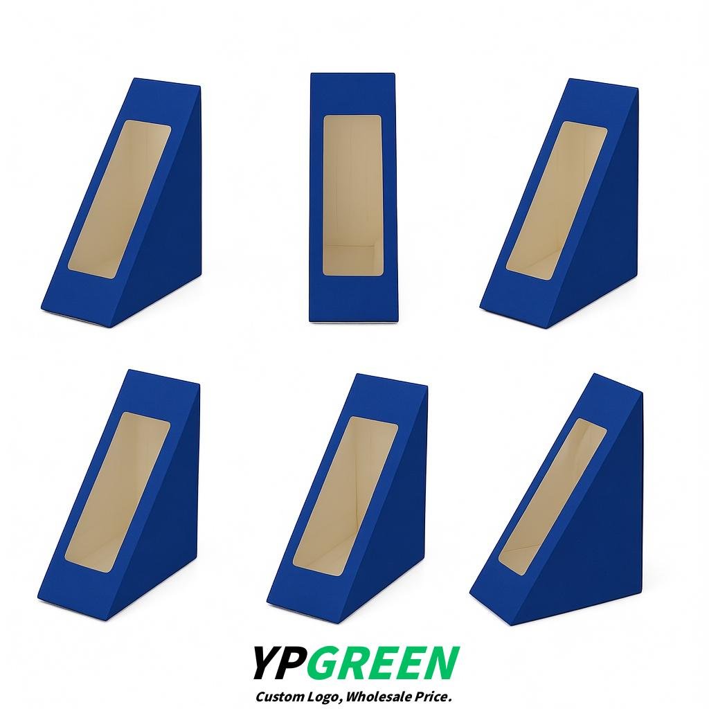 Royal Blue Triangle Paper Sandwich Boxes with Window 4.7x4.7x2.6 Inch - Factory Direct