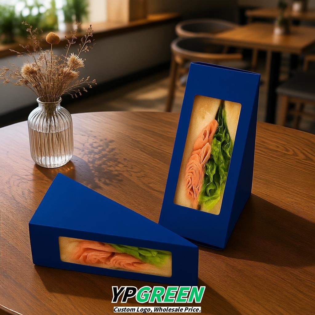 Royal Blue Triangle Paper Sandwich Boxes with Window 4.7x4.7x2.6 Inch - Factory Direct