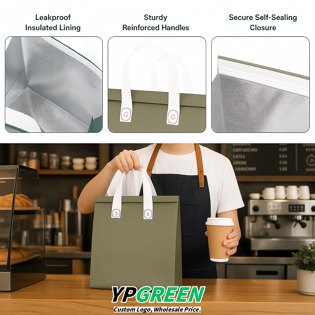Sage Green 4-Cup insulated take away bags wholesale 9.5 x 9.5 x 6 inches for Hot & Cold Drink Delivery