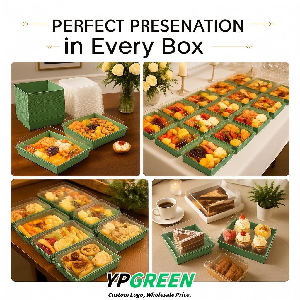 Sage Green Charcuterie Boxes with Clear Lids - 4 inches & 5 inches Disposable Paper Square Food Containers