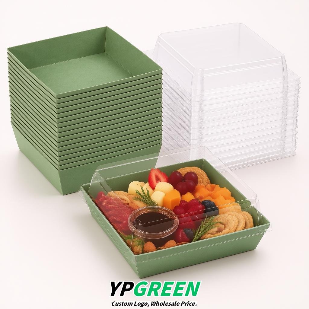 Sage Green Charcuterie Boxes with Clear Lids - 4 inches & 5 inches Disposable Paper Square Food Containers