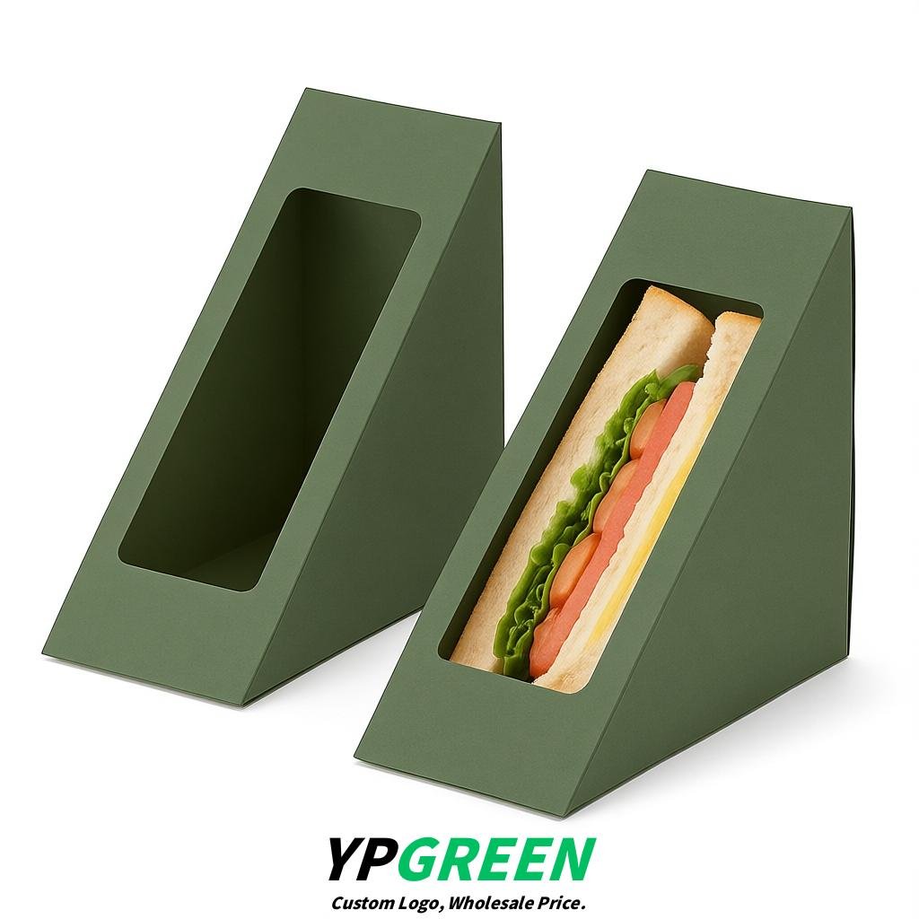 Sage Green Triangle Paper Sandwich Boxes with Window 4.7x4.7x2.6 Inch - Factory Direct