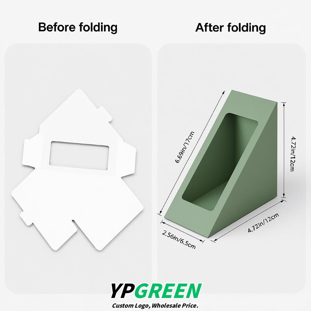 Sage Green Triangle Paper Sandwich Boxes with Window 4.7x4.7x2.6 Inch - Factory Direct