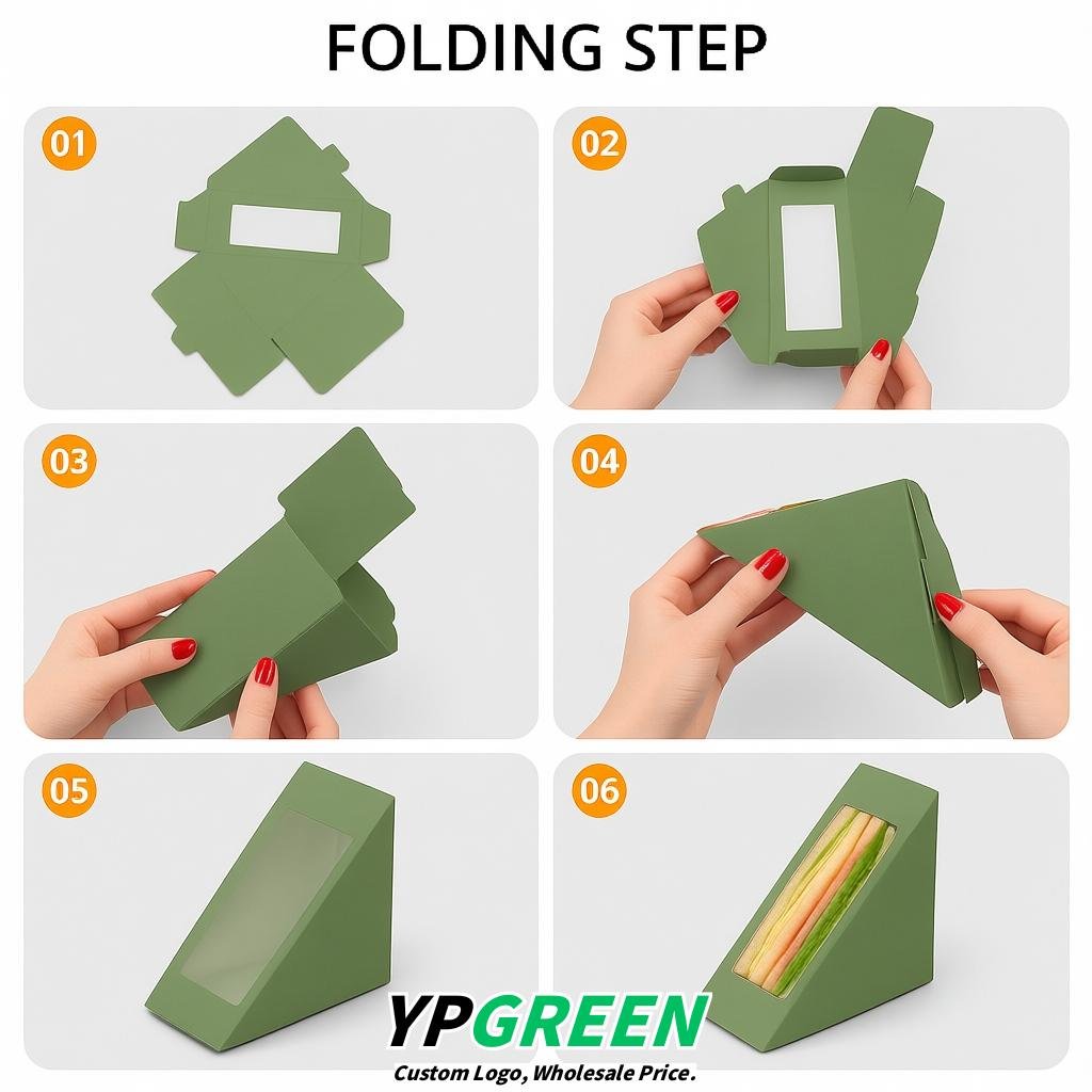 Sage Green Triangle Paper Sandwich Boxes with Window 4.7x4.7x2.6 Inch - Factory Direct