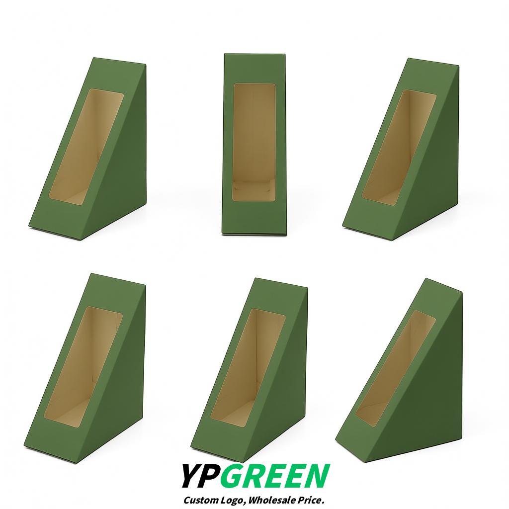 Sage Green Triangle Paper Sandwich Boxes with Window 4.7x4.7x2.6 Inch - Factory Direct