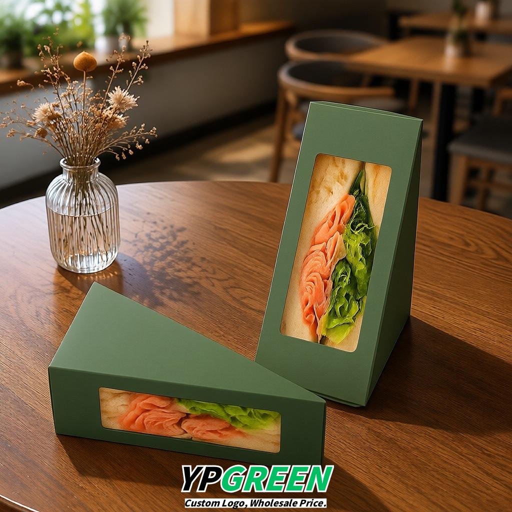 Sage Green Triangle Paper Sandwich Boxes with Window 4.7x4.7x2.6 Inch - Factory Direct