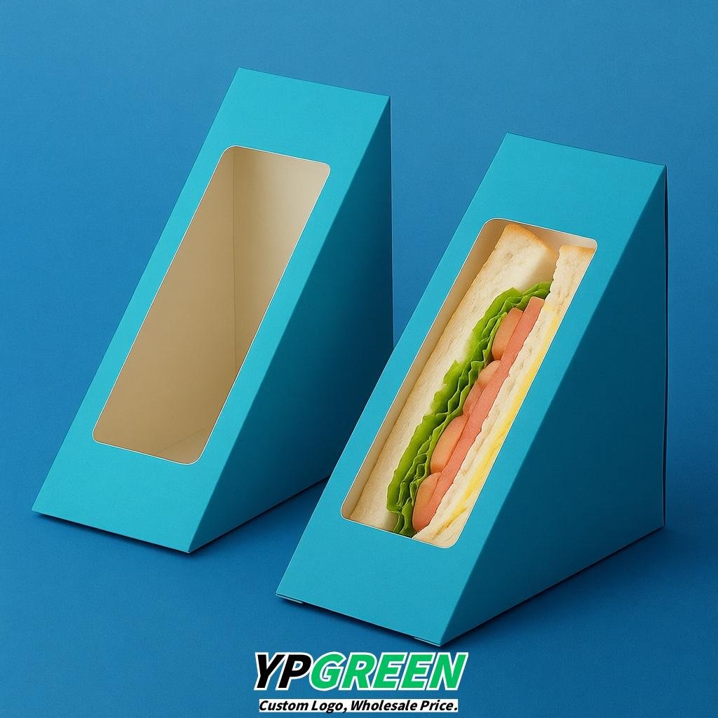 Sapphire Triangle Paper Sandwich Boxes with Window 4.7x4.7x2.6 Inch - Factory Direct