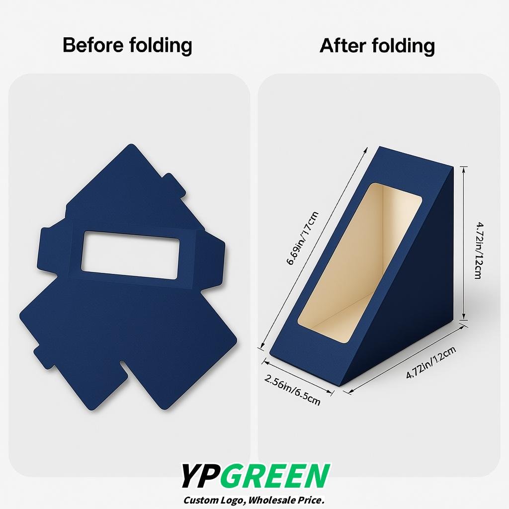 Sapphire Triangle Paper Sandwich Boxes with Window 4.7x4.7x2.6 Inch - Factory Direct