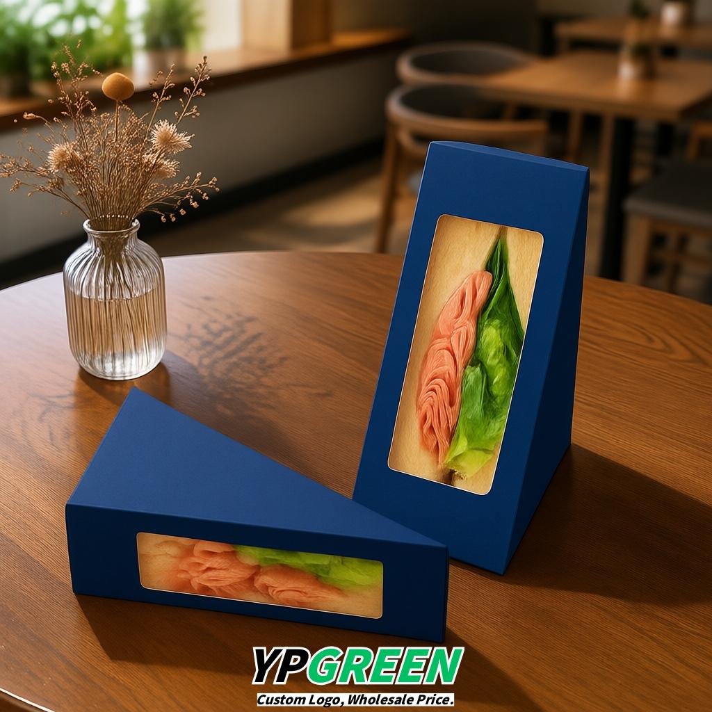 Sapphire Triangle Paper Sandwich Boxes with Window 4.7x4.7x2.6 Inch - Factory Direct