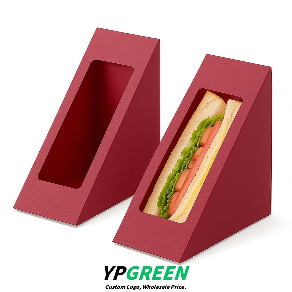 Scarlet Triangle Paper Sandwich Boxes with Window 4.7x4.7x2.6 Inch - Factory Direct