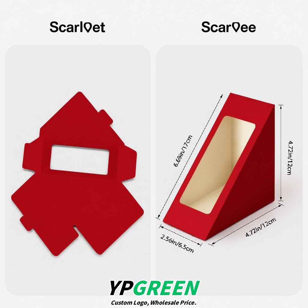 Scarlet Triangle Paper Sandwich Boxes with Window 4.7x4.7x2.6 Inch - Factory Direct