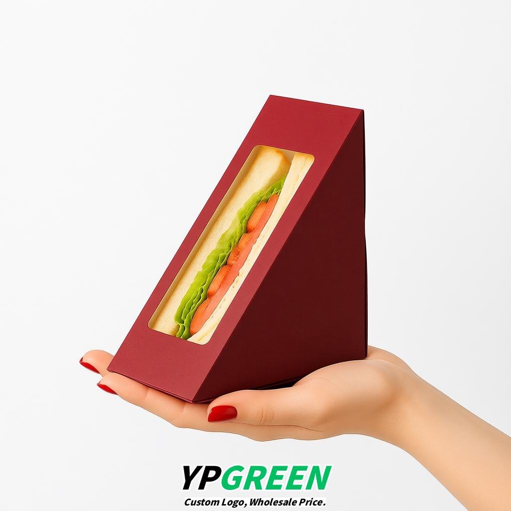 Scarlet Triangle Paper Sandwich Boxes with Window 4.7x4.7x2.6 Inch - Factory Direct