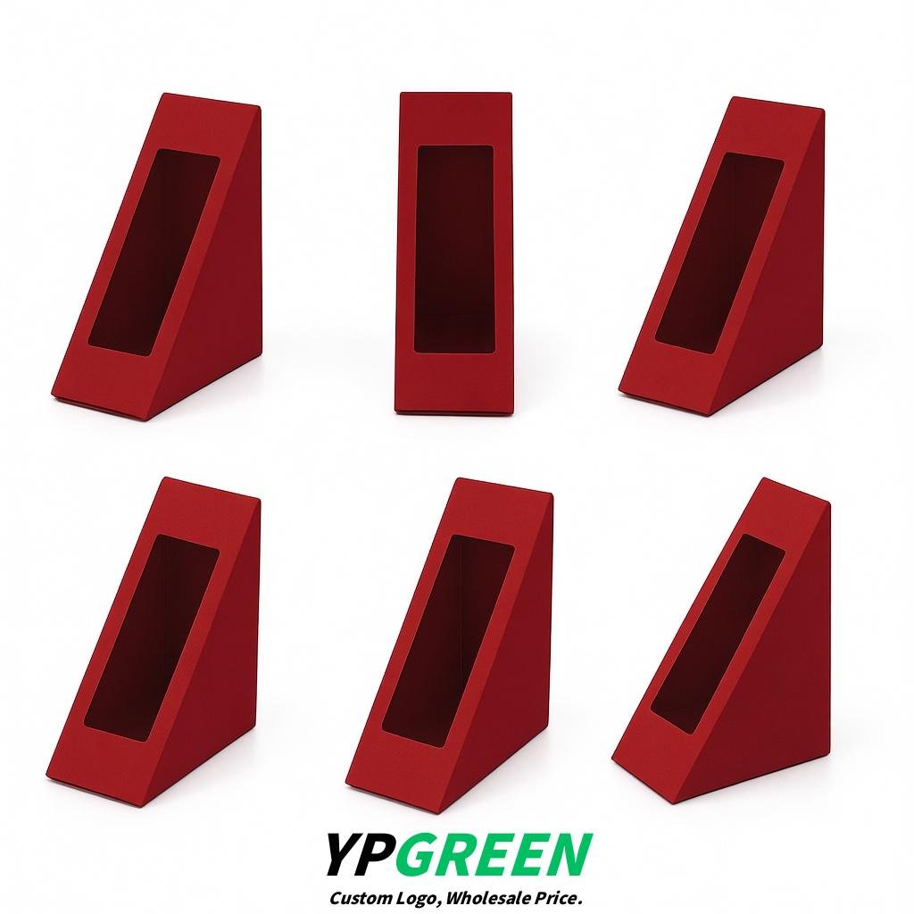 Scarlet Triangle Paper Sandwich Boxes with Window 4.7x4.7x2.6 Inch - Factory Direct