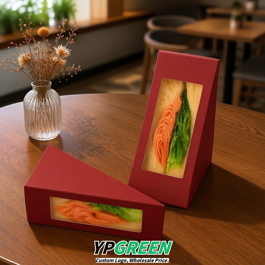 Scarlet Triangle Paper Sandwich Boxes with Window 4.7x4.7x2.6 Inch - Factory Direct