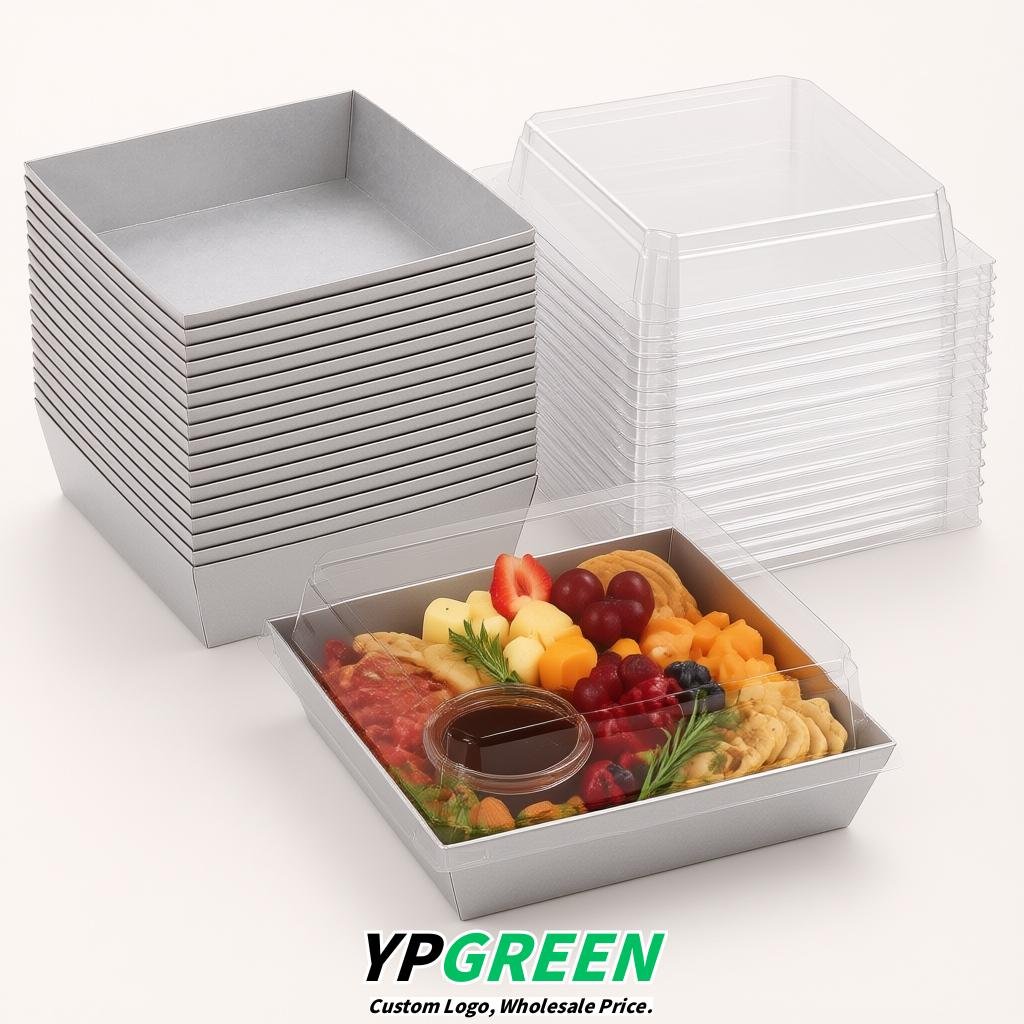Silver Charcuterie Boxes with Clear Lids - 4 inches & 5 inches Disposable Paper Square Food Containers