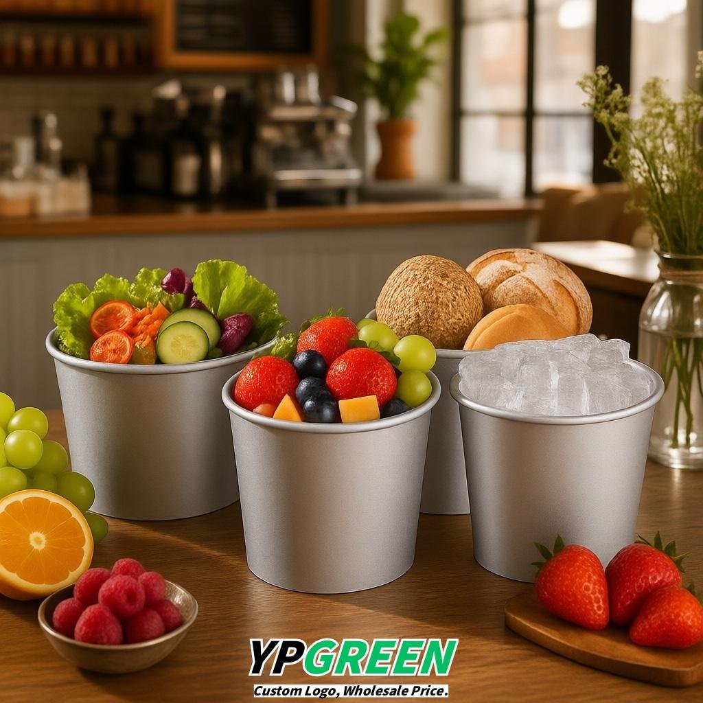 Silver 85 oz Paper Buckets 6.9x5.7x6.3 Inches Cardboard Food Container