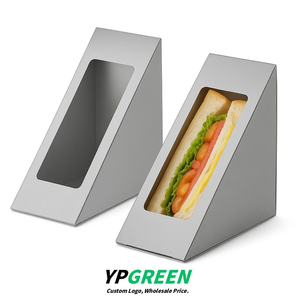 Silver Triangle Paper Sandwich Boxes with Window 4.7x4.7x2.6 Inch - Factory Direct