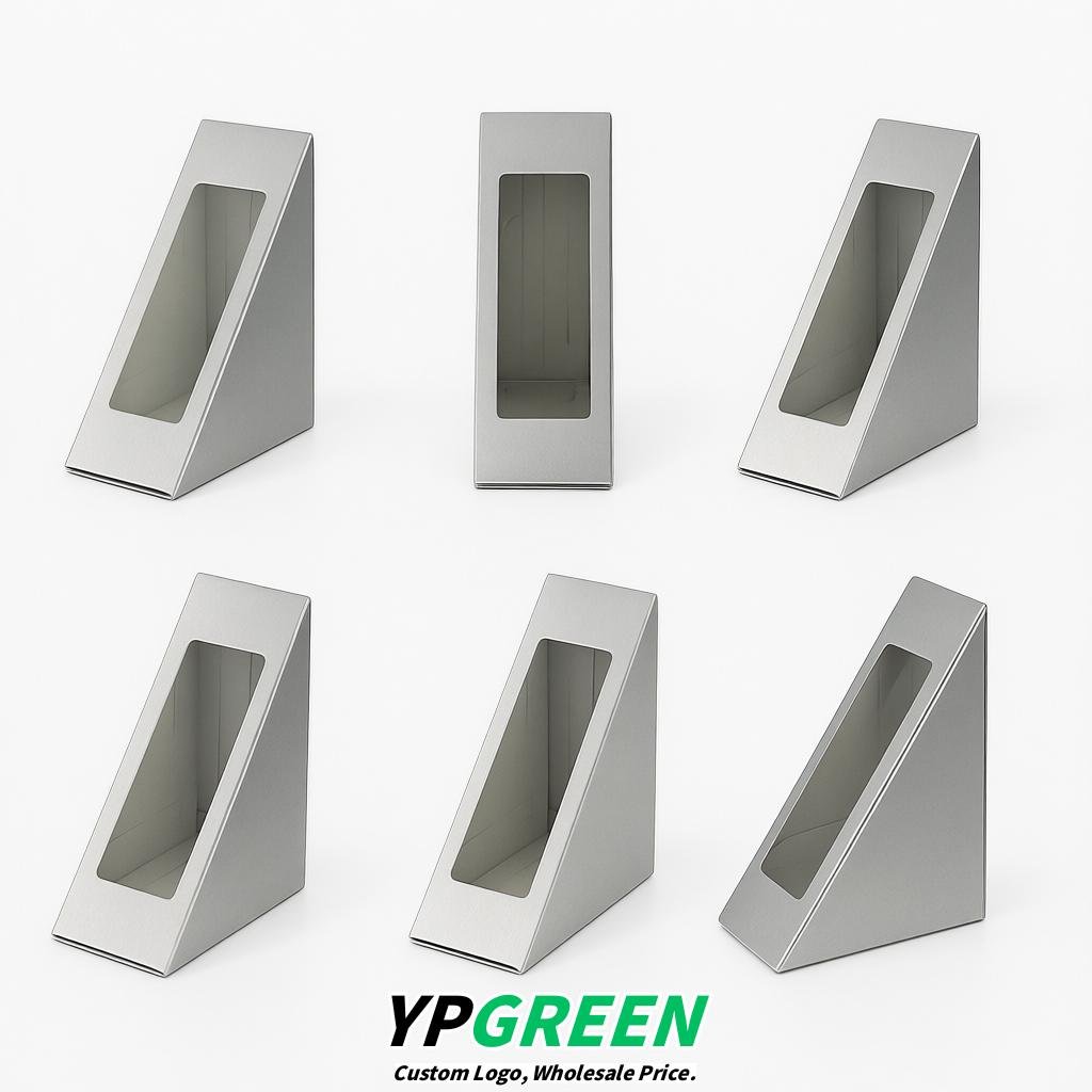 Silver Triangle Paper Sandwich Boxes with Window 4.7x4.7x2.6 Inch - Factory Direct