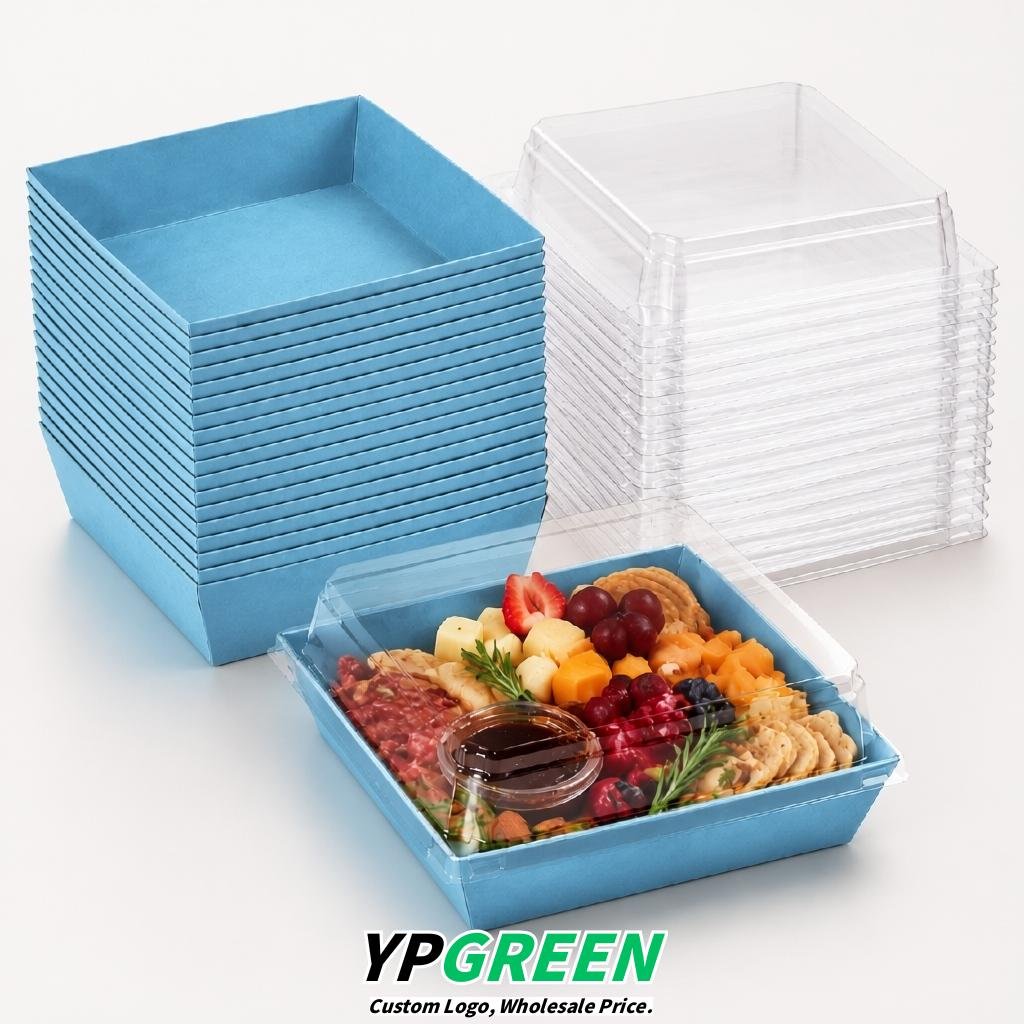 Sky Blue Charcuterie Boxes with Clear Lids - 4 inches & 5 inches Disposable Paper Square Food Containers