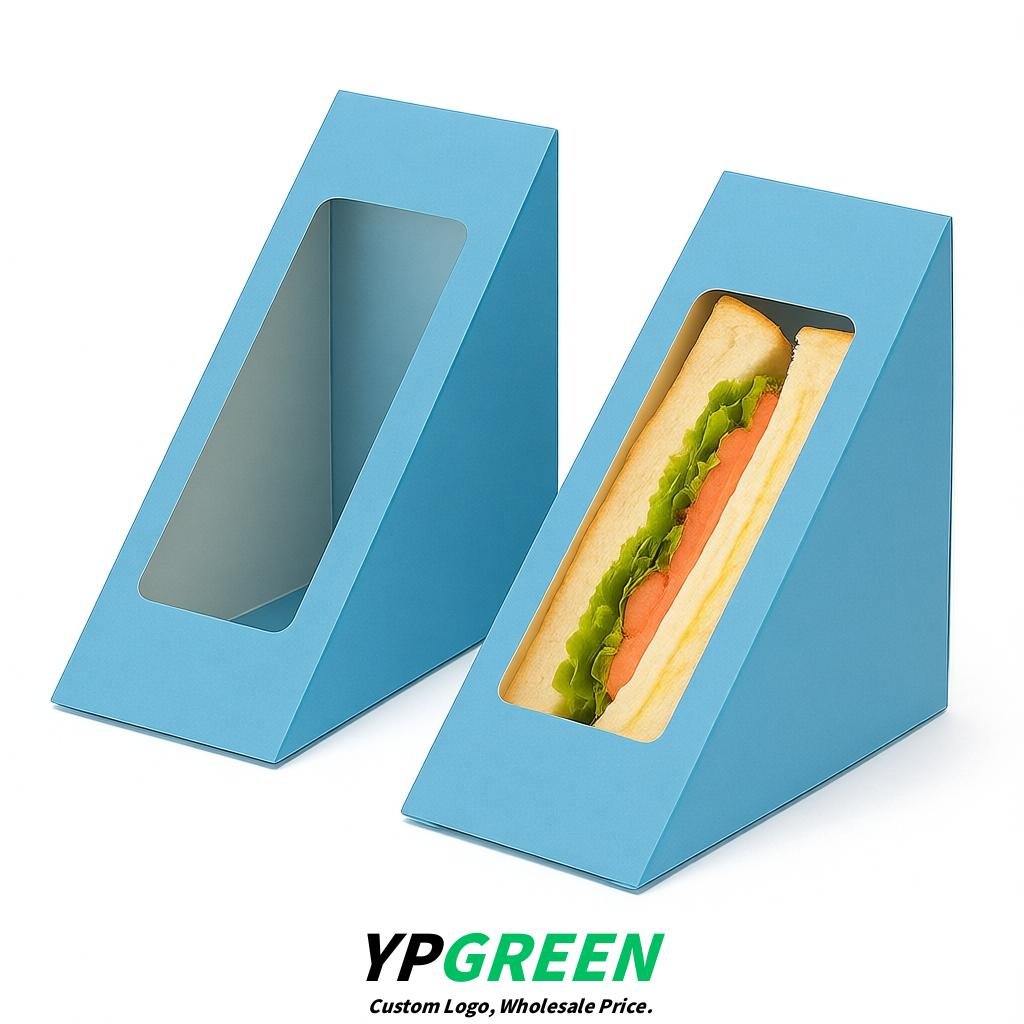 Sky Blue Triangle Paper Sandwich Boxes with Window 4.7x4.7x2.6 Inch - Factory Direct