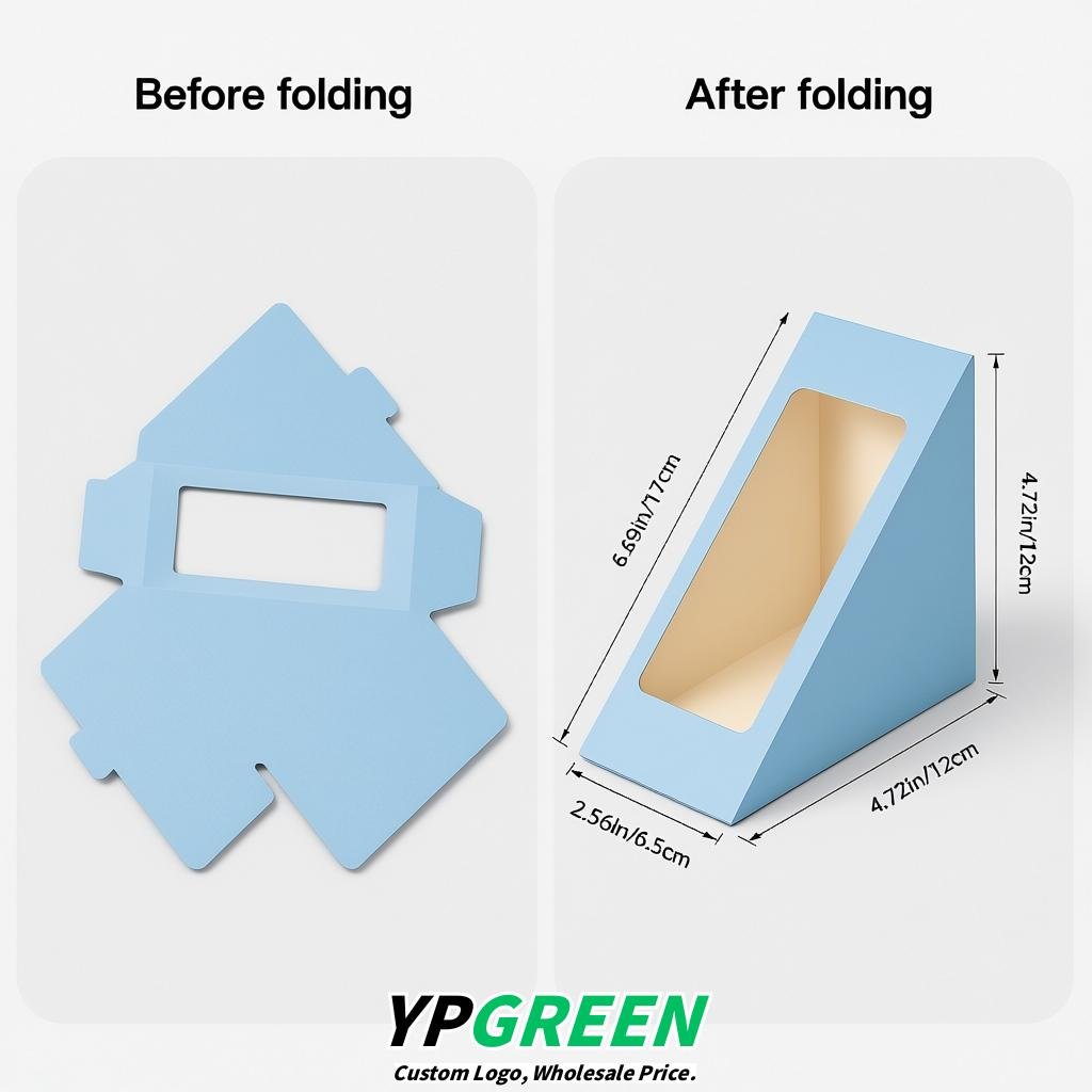Sky Blue Triangle Paper Sandwich Boxes with Window 4.7x4.7x2.6 Inch - Factory Direct