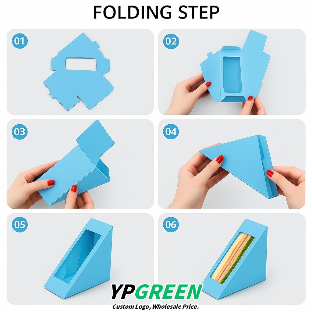 Sky Blue Triangle Paper Sandwich Boxes with Window 4.7x4.7x2.6 Inch - Factory Direct