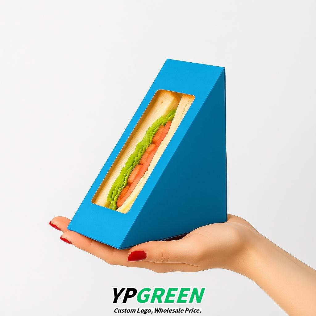 Sky Blue Triangle Paper Sandwich Boxes with Window 4.7x4.7x2.6 Inch - Factory Direct