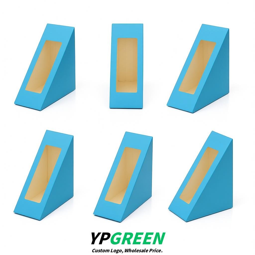 Sky Blue Triangle Paper Sandwich Boxes with Window 4.7x4.7x2.6 Inch - Factory Direct