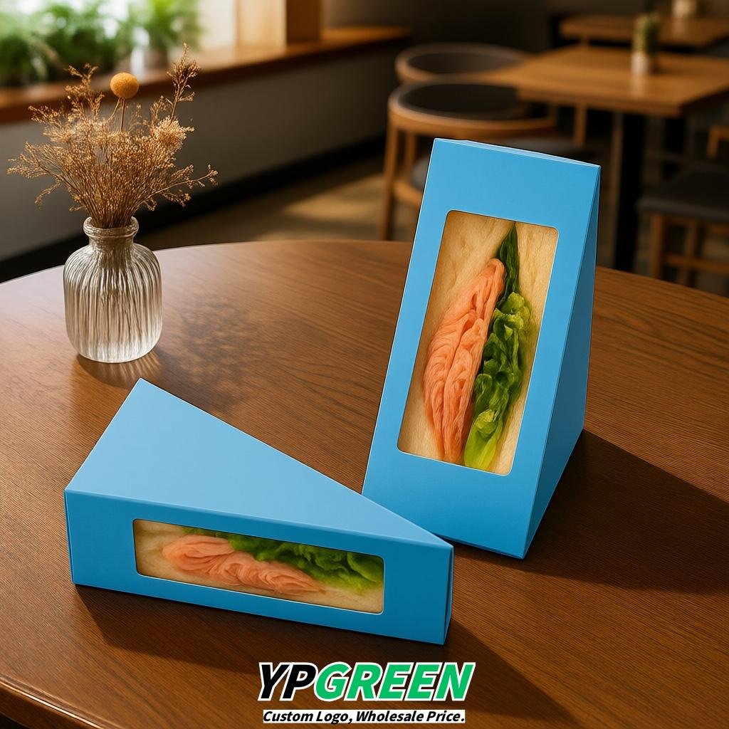 Sky Blue Triangle Paper Sandwich Boxes with Window 4.7x4.7x2.6 Inch - Factory Direct
