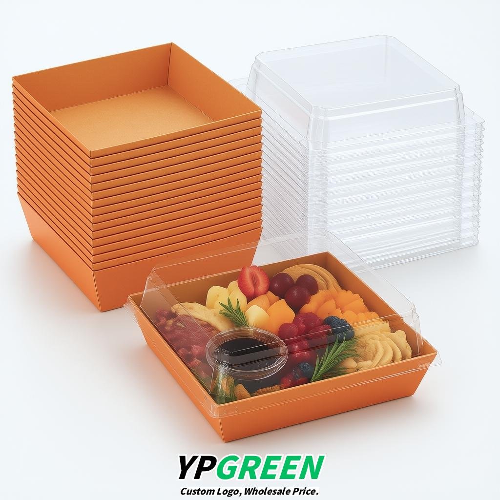 Tangerine Charcuterie Boxes with Clear Lids - 4 inches & 5 inches Disposable Paper Square Food Containers