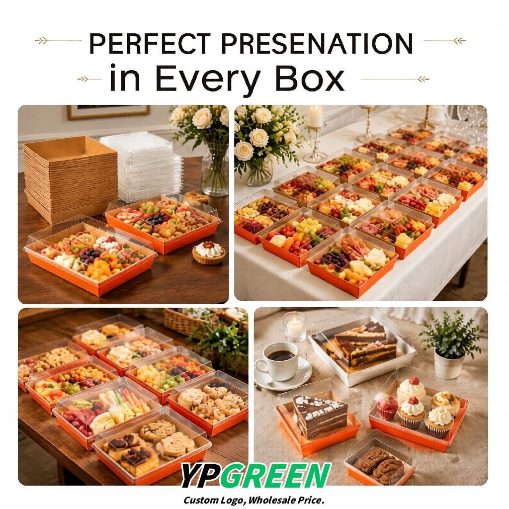 Tangerine Charcuterie Boxes with Clear Lids - 4 inches & 5 inches Disposable Paper Square Food Containers