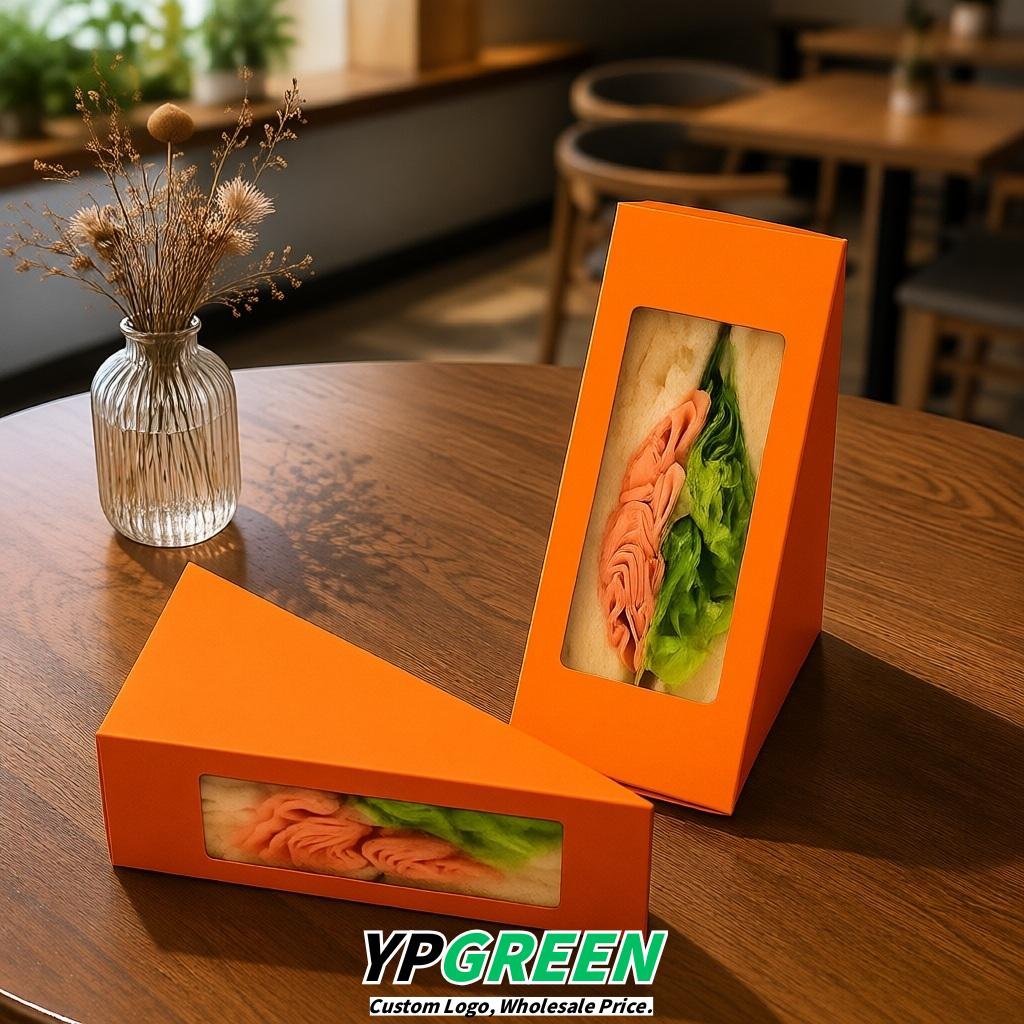 Tangerine Triangle Paper Sandwich Boxes with Window 4.7x4.7x2.6 Inch - Factory Direct
