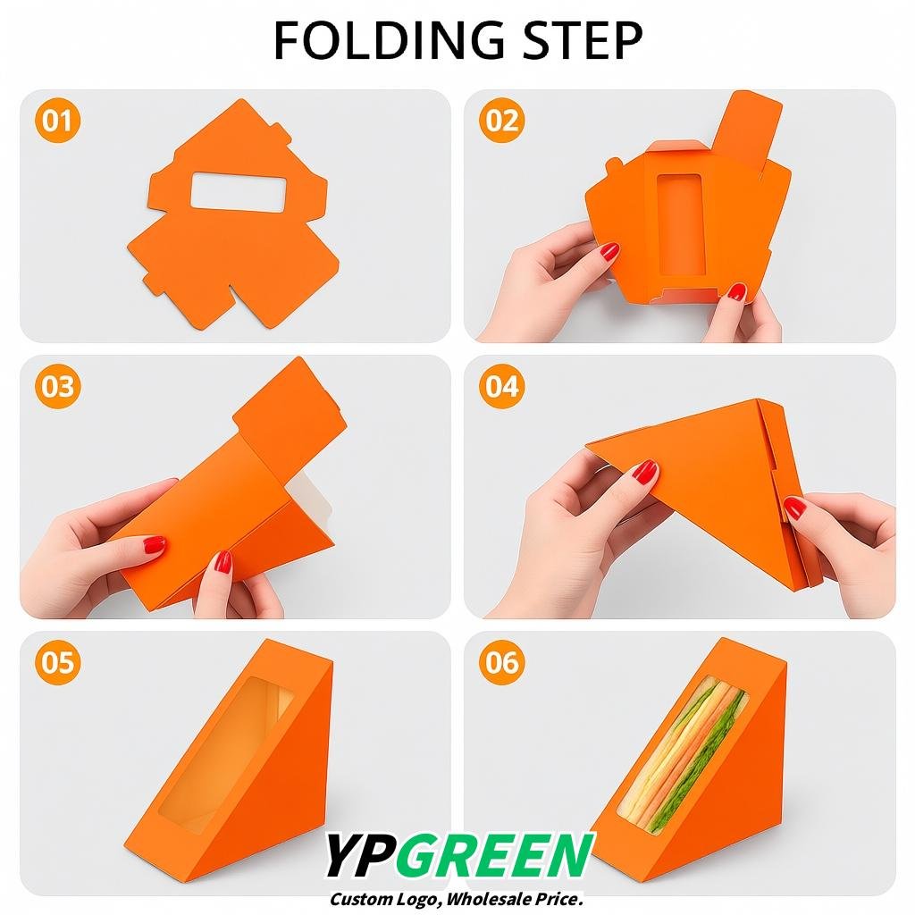 Tangerine Triangle Paper Sandwich Boxes with Window 4.7x4.7x2.6 Inch - Factory Direct