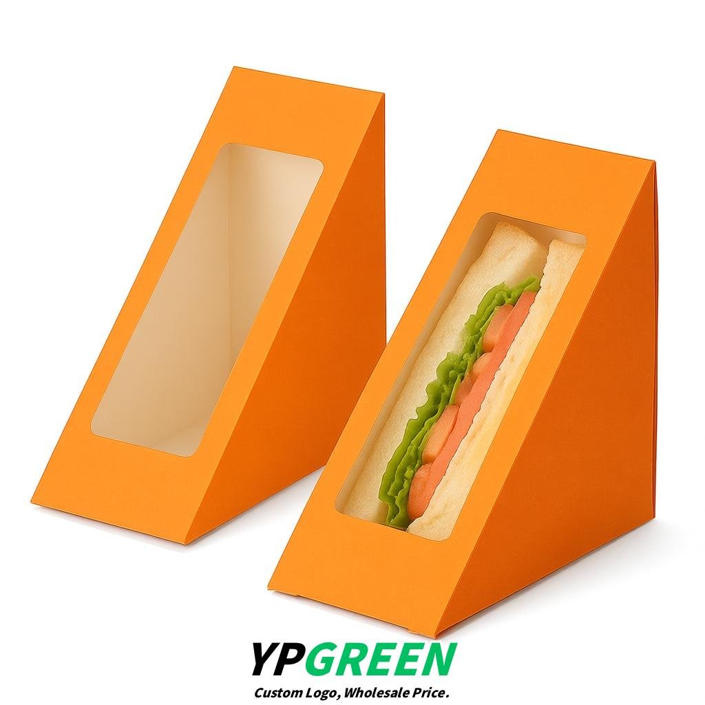 Tangerine Triangle Paper Sandwich Boxes with Window 4.7x4.7x2.6 Inch - Factory Direct