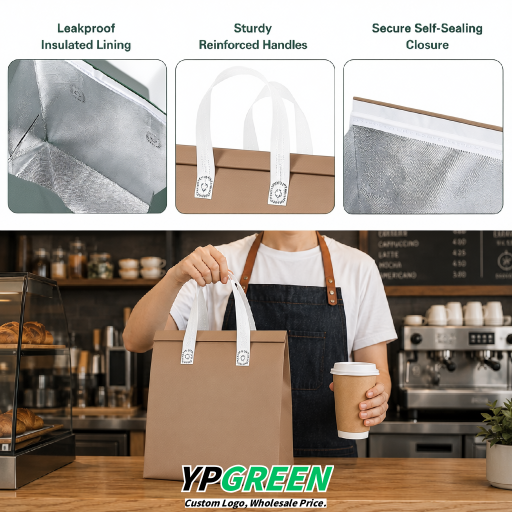 Taupe 4-Cup insulated take away bags wholesale 9.5 x 9.5 x 6 inches for Hot & Cold Drink Delivery