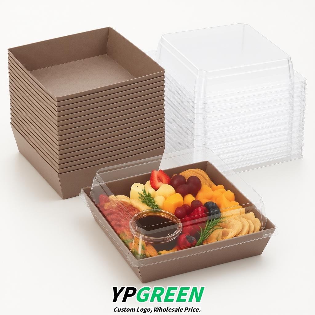 Taupe Charcuterie Boxes with Clear Lids - 4 inches & 5 inches Disposable Paper Square Food Containers