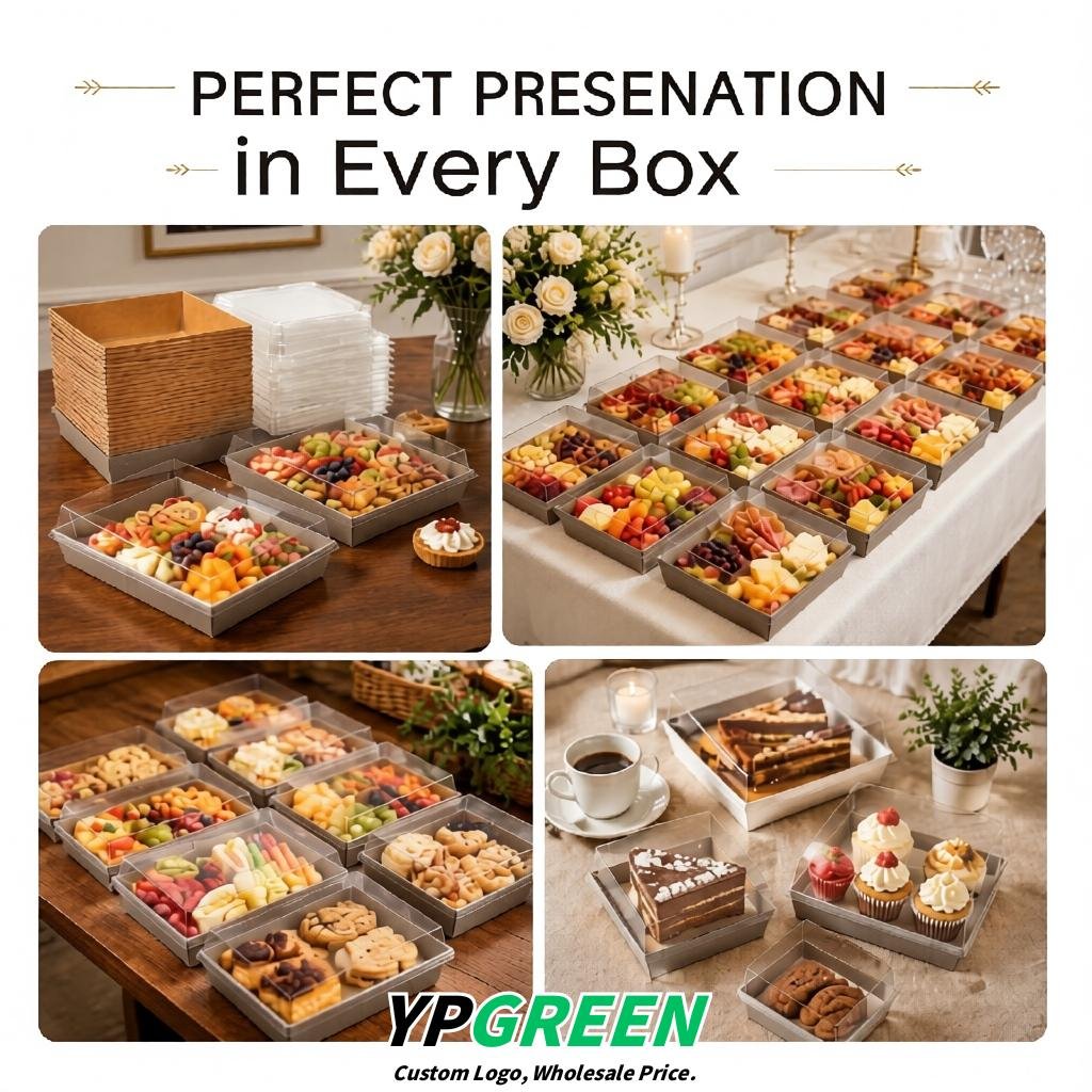 Taupe Charcuterie Boxes with Clear Lids - 4 inches & 5 inches Disposable Paper Square Food Containers